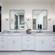 Sophisticated Contemporary Bathroom Double Vanity With Gray Marble Countertop, Large Mounted Mirrors and Penny Tile Floor