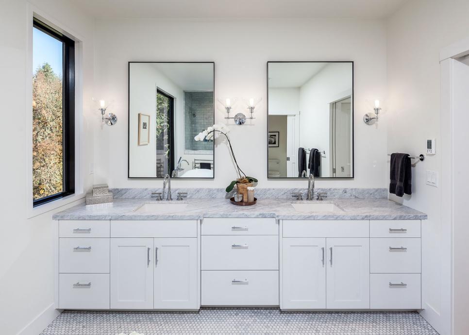 Sophisticated Contemporary Bathroom Double Vanity With Gray Marble