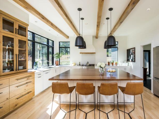 Large Eat-In Kitchen Island Under Black Bucket Pendant ...