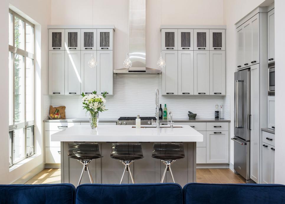 White Open Plan Kitchen With High Ceiling | HGTV