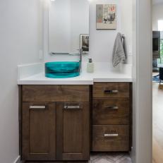 Contemporary Powder Room With Blue Glass Sink