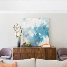 Living Room Textured Maxwell Sideboard With Cool-Toned Lavender Chairs and Large Canvas Art