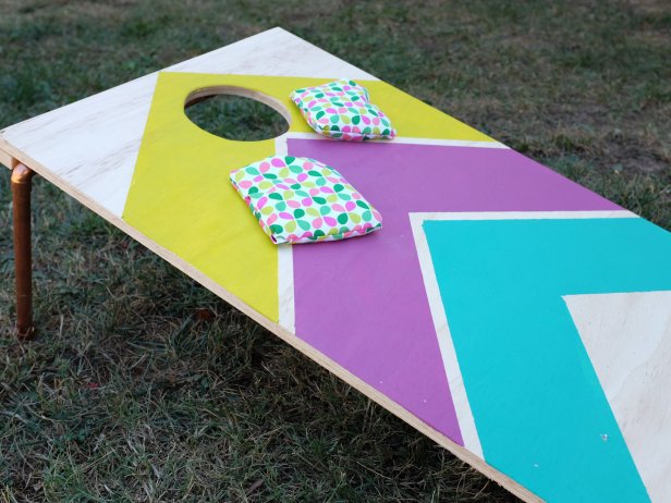 Yellow, Purple and Turquoise Chevron Cornhole Board