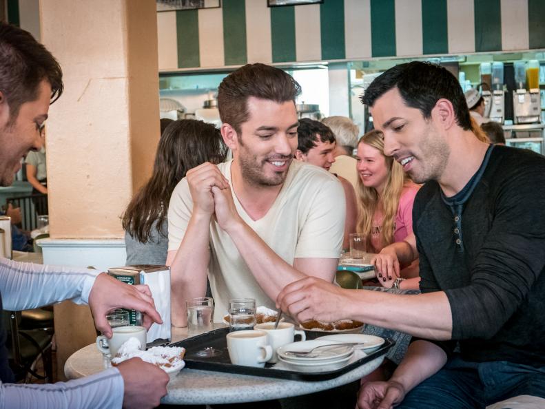 JD, Jonathan and Drew Scott visit Café Du Monde, as seen on Brothers Take New Orleans.