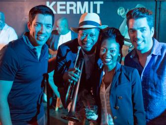 Drew and Jonathan Scott with part of the jazz band at Kermits Tremé Mother-In-Law Lounge, as seen on Brothers Take New Orleans. (action)