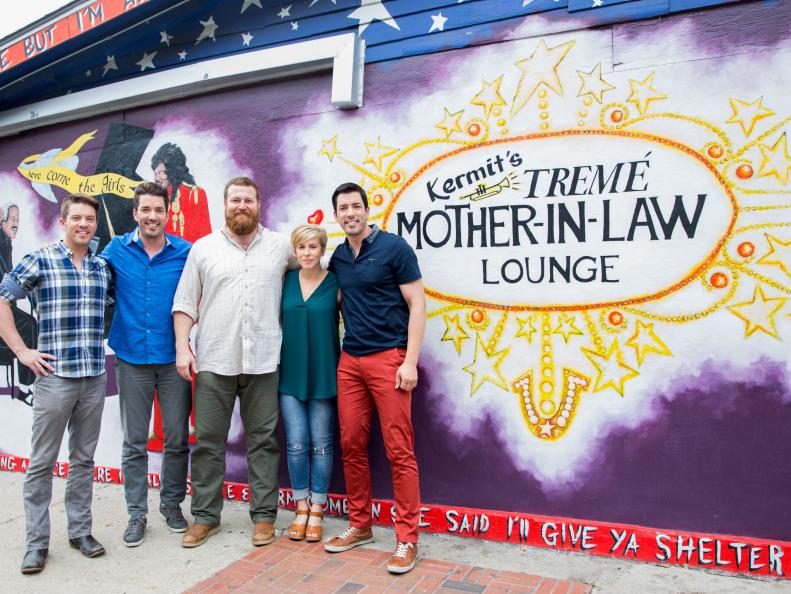 JD, Jonathan and Drew Scott with HGTV's 'Home Town' Erin & Ben Napier outside Kermit's TremÃ© Mother-In_Law Lounge, as seen on Brothers Take New Orleans. (portrait)