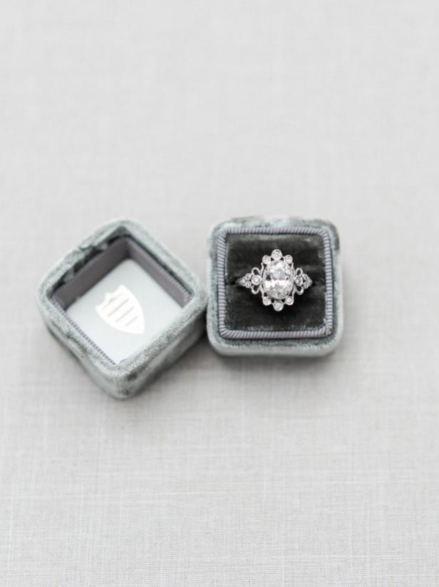 Vintage Diamond Ring in Gray Velvet Ring Box