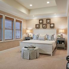 Textured Neutral Bedroom With Coastal Decor, Bamboo Window Blinds and Paneled Wood Bed Frame 