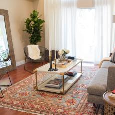Neutral Midcentury Living Room With Floor Mirror