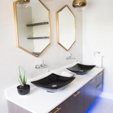 Midcentury Bathroom Vanity With Gold Pendants