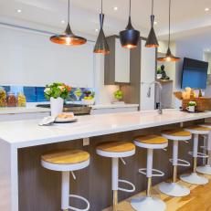 Long Kitchen Island Under Shape Mix Pendant Lights With Copper Interior Glow 