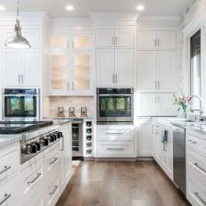 White Transitional Kitchen With Glass Cabinet