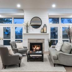 White Transitional Living Room With Round Mirror