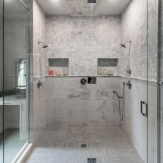 Walk-In Shower With Gray Mosaic Tiles