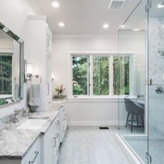 Gray Spa Bathroom With Glass Shower