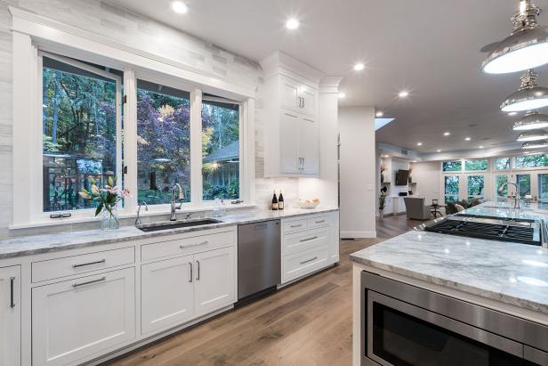 Gray and White Kitchen With Wood Floor | HGTV