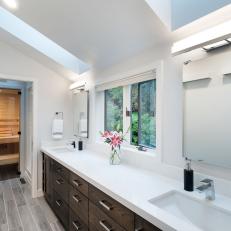 White Double Vanity Bathroom With Skylights