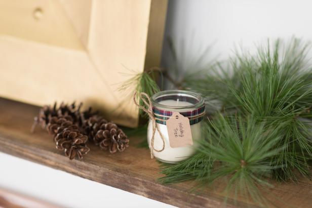 DIY Holiday Tree Candle With Plaid Ribbon, Twine and Gift Tag