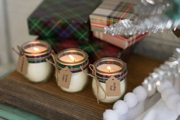 Three Holiday Candles With Plaid Ribbon, Twine and Gift Tags