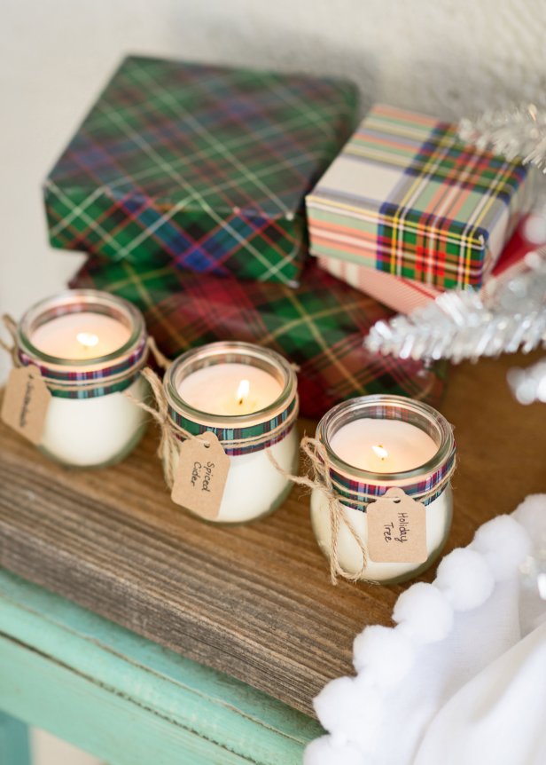 Three Holiday Candles With Plaid Ribbon, Twine and Gift Tags