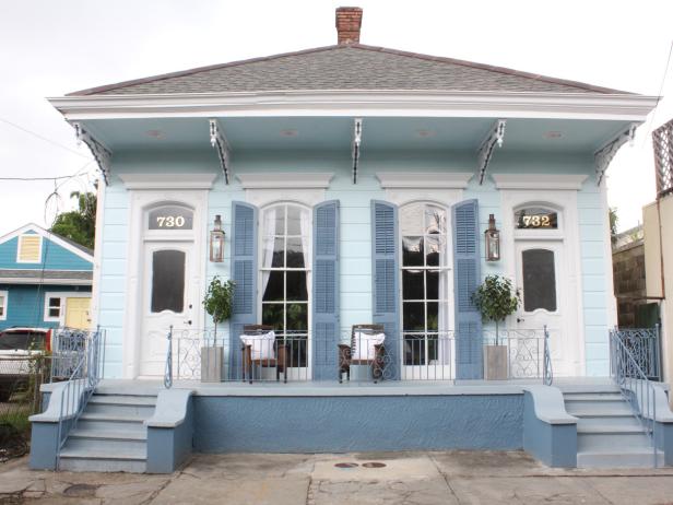 Exterior shot of Suzanna's newly renovated shotgun style house, as seen on New Orleans Reno