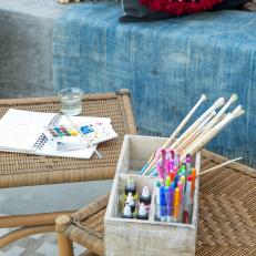 Art Supplies Top Wicker Tables on Moroccan-Inspired Patio
