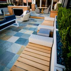 Built-In Wood-Slat Benches on Rooftop Terrace