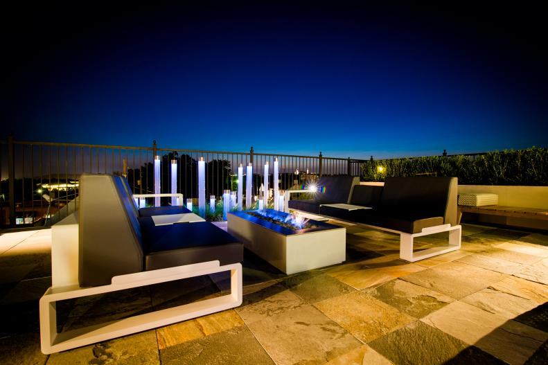 Modern-Style Seating Area With Fire Pit at Nighttime