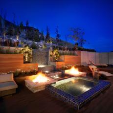 Modern Deck With Water Feature, Fire Pits and Landscaping