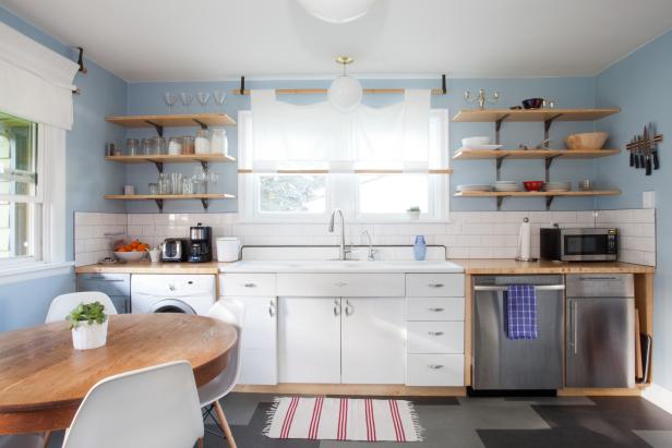 Sunny Blue Kitchen With Open Shelving