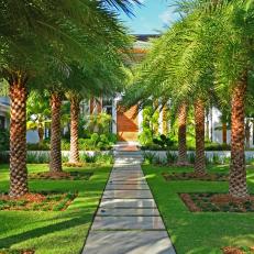 Gorgeous, Vivid Tropical Walkway Lined With Palm Trees Leading to Front Door 