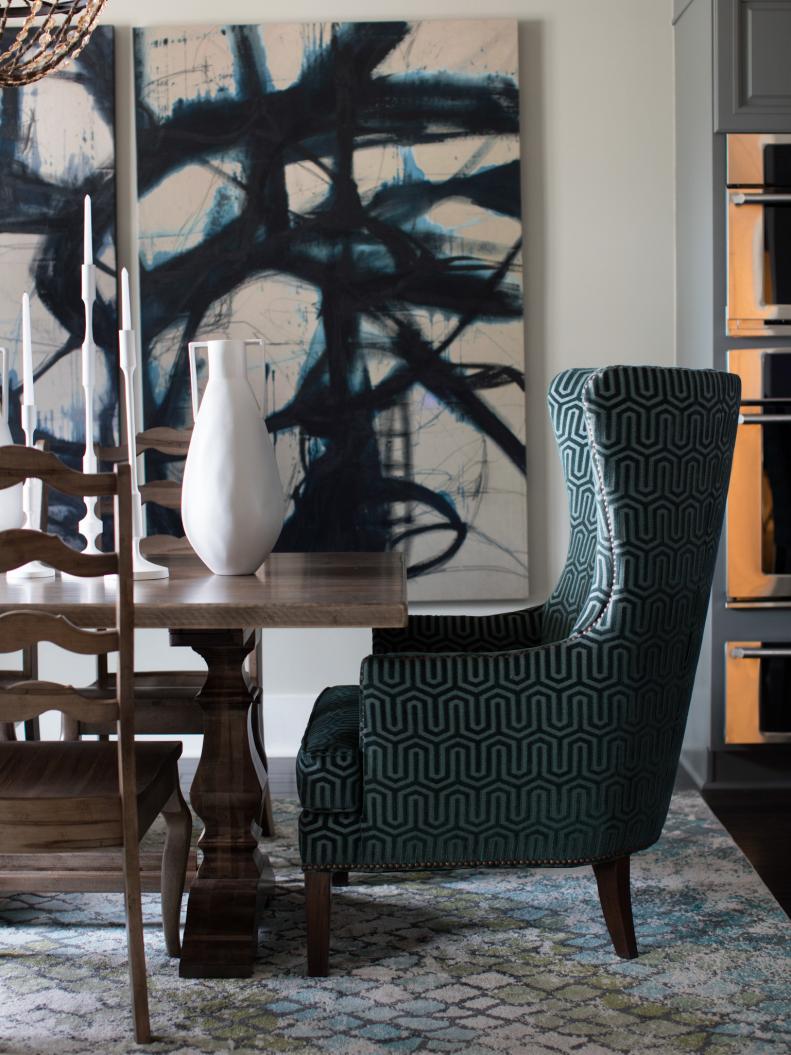 HGTV Smart Home 2016 Art and Colorful Wingback Chair in Dining Room