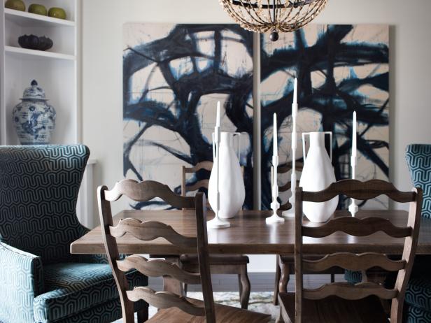 HGTV Smart Home 2016 Blue and Taupe Artwork in Dining Room