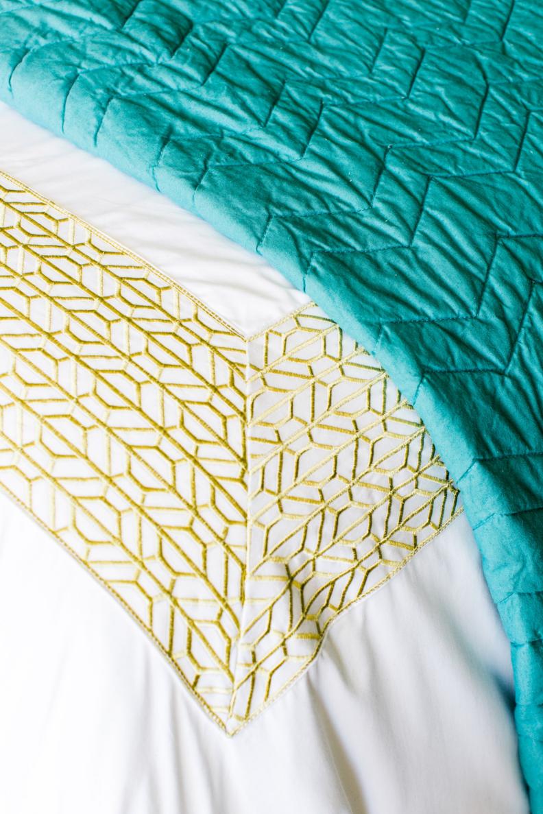 HGTV Smart Home 2016 Teal Comforter and Gold Trim on White Linen