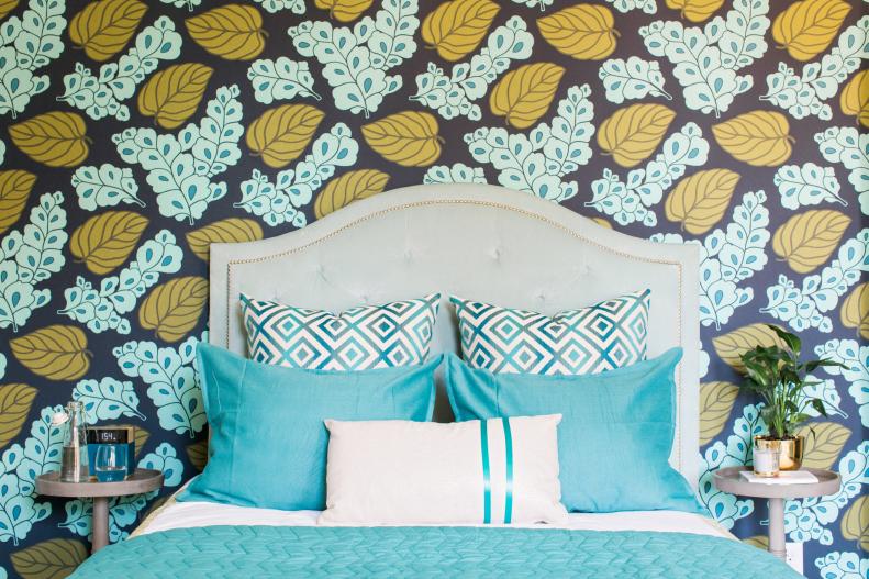HGTV Smart Home 2016 Bed With Tufted Headboard in Guest Room