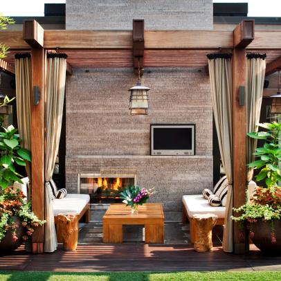 Asian-Inspired Outdoor Area With Fireplace