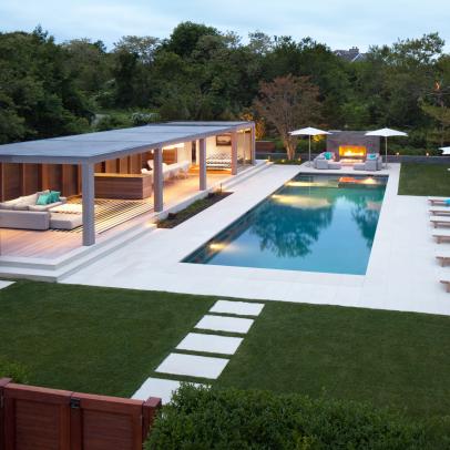 Backyard With Modern Pool, Pergola and Fireplace