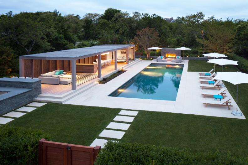 Modern Backyard With Pool, Pergola and Fireplace