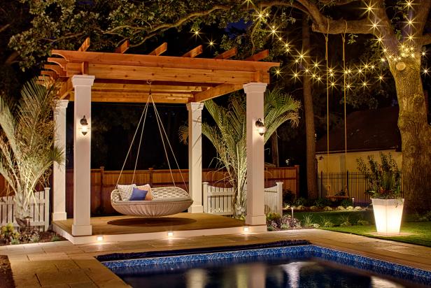 Pool Area with Swing Bed, Pergola and Lighting