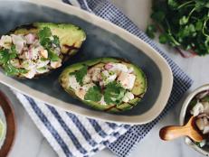 Grilled avocados make the perfect power lunch on the go when piled high with bright and fragrant ceviche.