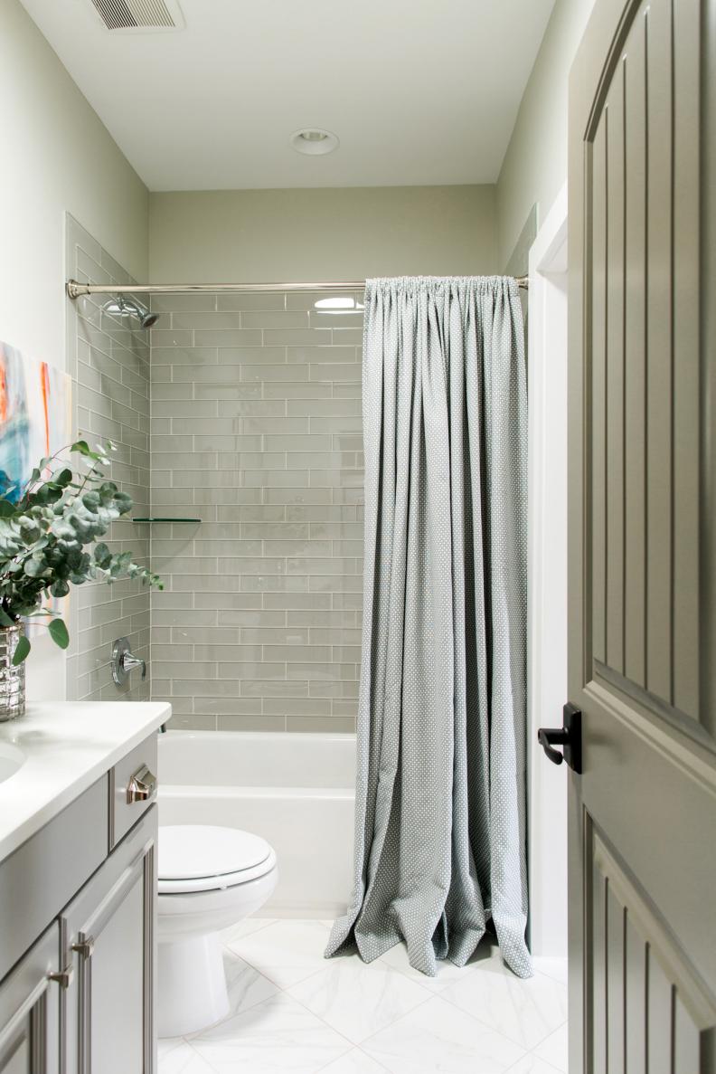 HGTV Smart Home 2016 Gray and White Shower Curtains in Hall Bathroom