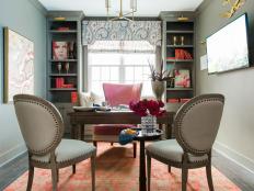 Sophisticated textures and color choices keep the eye roaming in this elegant home office, which is conveniently located on the second floor landing.