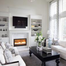 White Transitional Living Room With Black Coffee Table