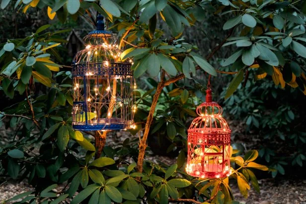 Give your deck or patio a welcoming, exotic vibe with these 
DIY birdcage lanterns painted in vibrant hues and outfitted with 
convenient remote controlled LED lights.