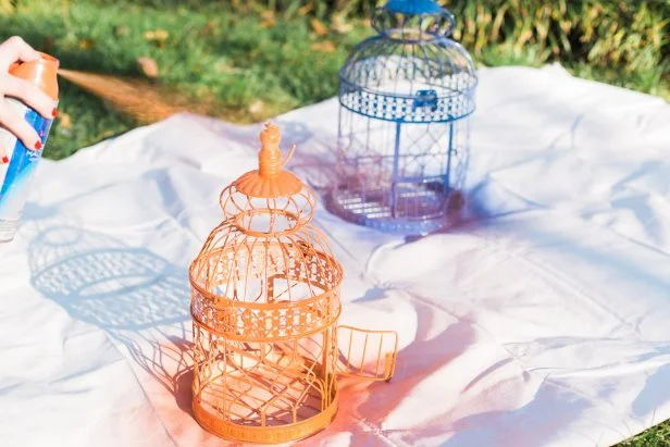 For this project any cage will do but the more detailed it is, the prettier the final effect. Lay out a drop cloth in a well-ventilated area and with a light, sweeping motion, spray paint the bird cages in vibrant colors. We opted for a bold blue and punchy orange