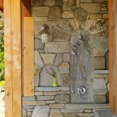 Rustic Outdoor Shower with Stone and Cedar