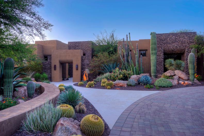 Large Cactus Landscape Next to a Modern Geometric Home
