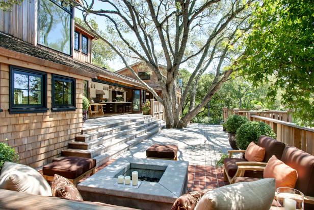 Outdoor Seating Area on Deck With Square Fire Pit
