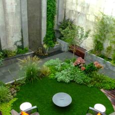 Modern Urban Garden with Cement Wall, Waterfall and Climbing Vines