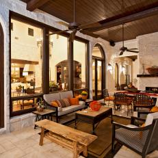 Spanish Porch with Fireplace, Dining Area